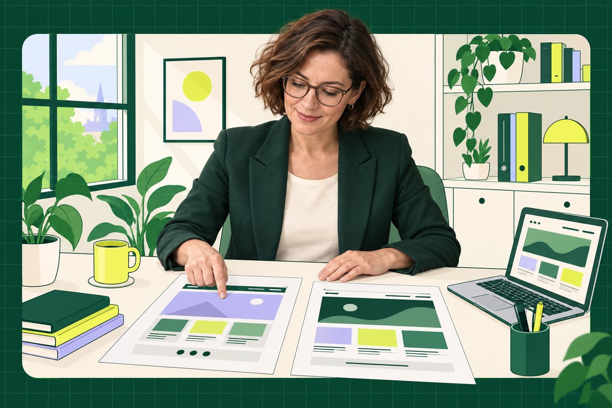 Une dirigeante de cabinet compare deux propositions de sites internet sur un bureau illustré, dans un cadre vert foncé quadrillé.
