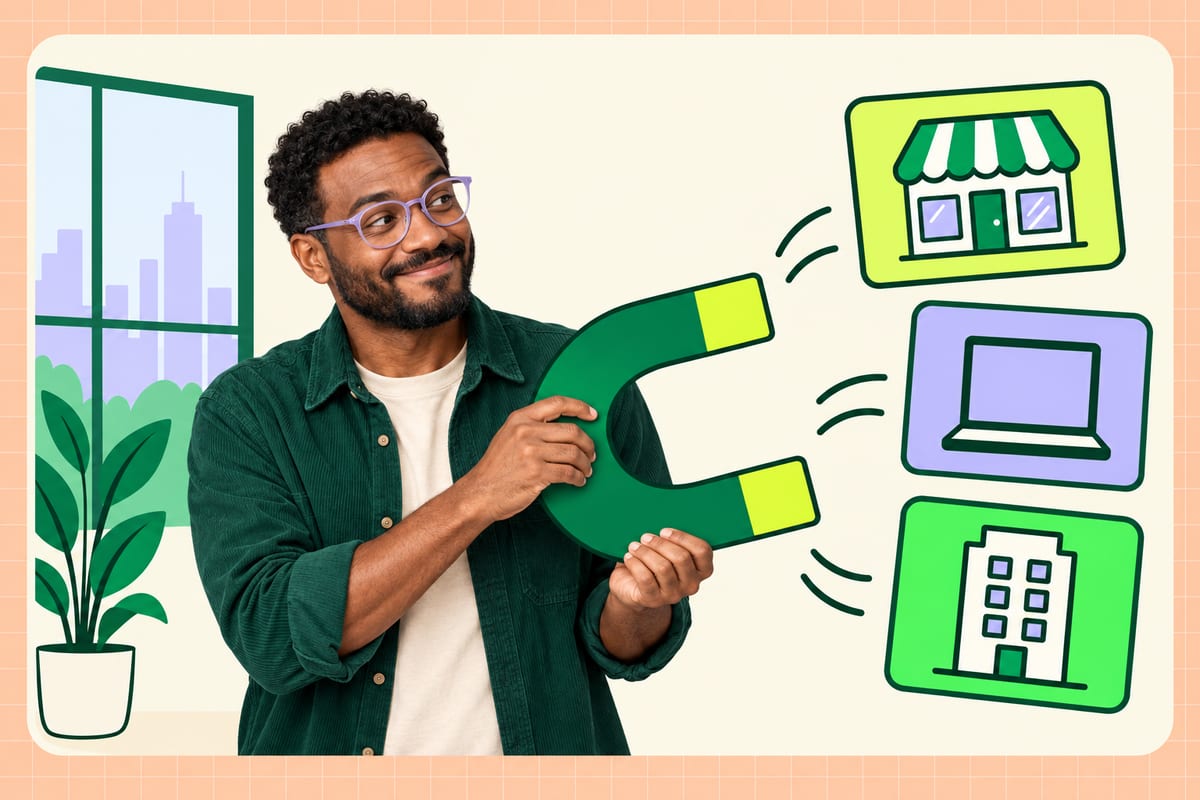 Un professionnel tient un grand aimant qui attire des cartes représentant une boutique, une activité numérique et une entreprise.