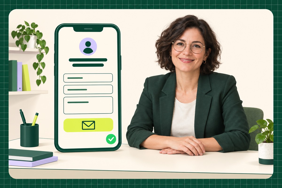 Une professionnelle consulte un formulaire de contact illustré sur téléphone, avec un bouton d’envoi et une confirmation.