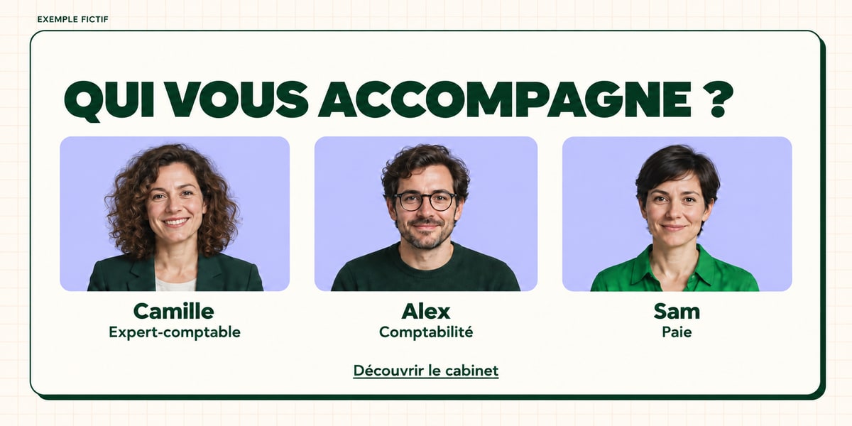 Trois membres fictifs d’un cabinet sont présentés avec leur prénom et leur rôle : expert-comptable, comptabilité et paie.