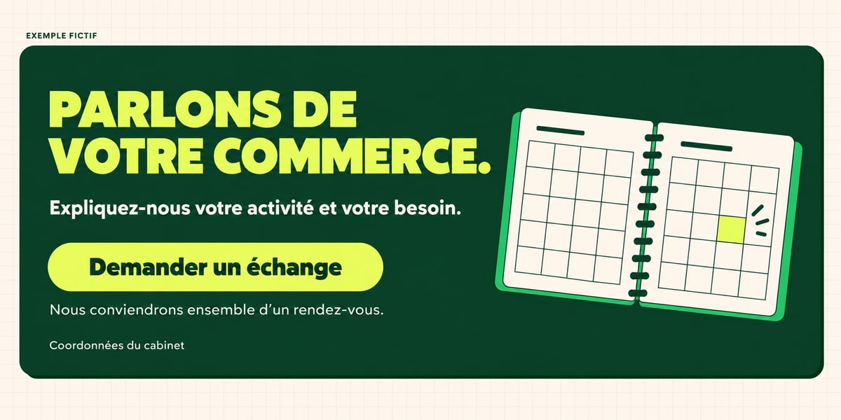 Bloc fictif invitant un commerçant à expliquer son activité et son besoin avant de convenir d’un rendez-vous.