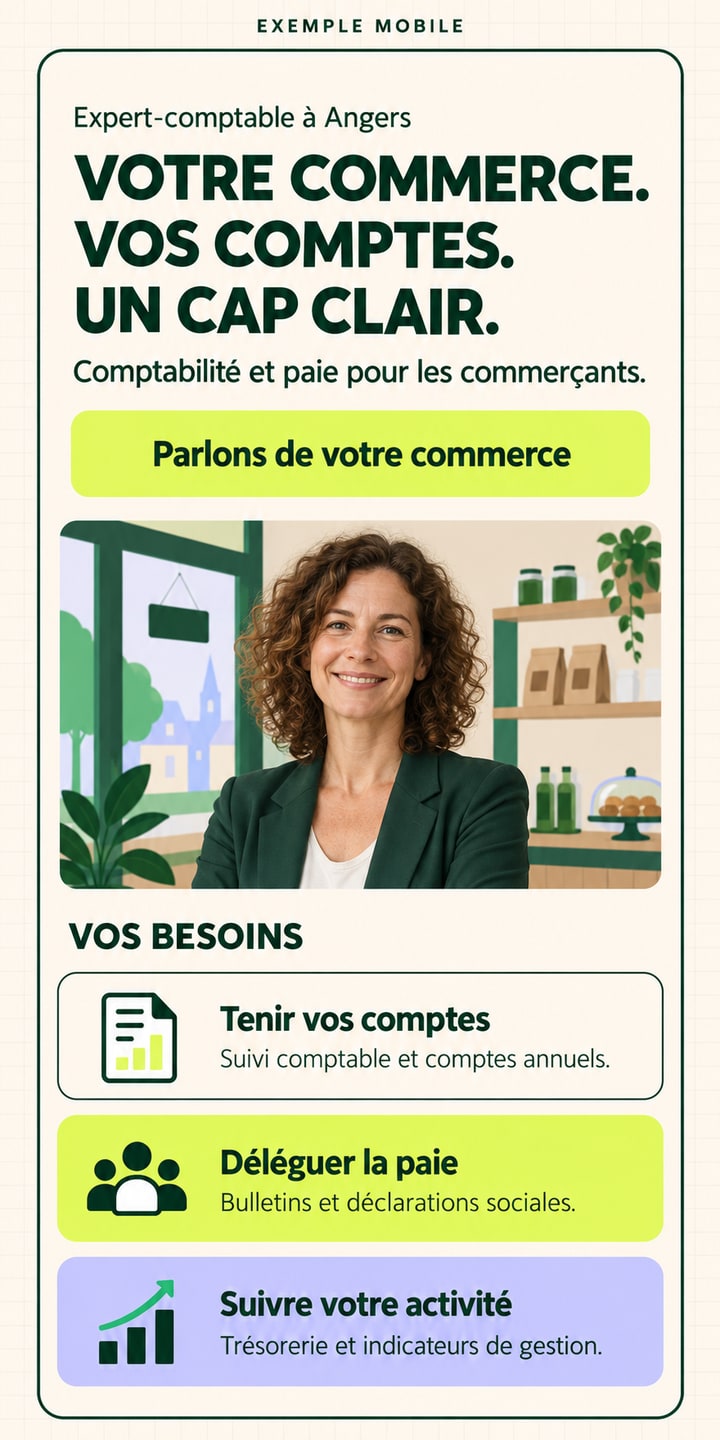 Adaptation mobile : métier et ville, accroche, prestations, bouton de contact, portrait entier puis trois cartes de missions empilées.