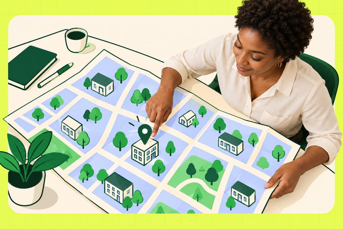 Une femme montre l’emplacement d’un cabinet sur une carte illustrée, dans un bureau sur fond jaune Mizan.