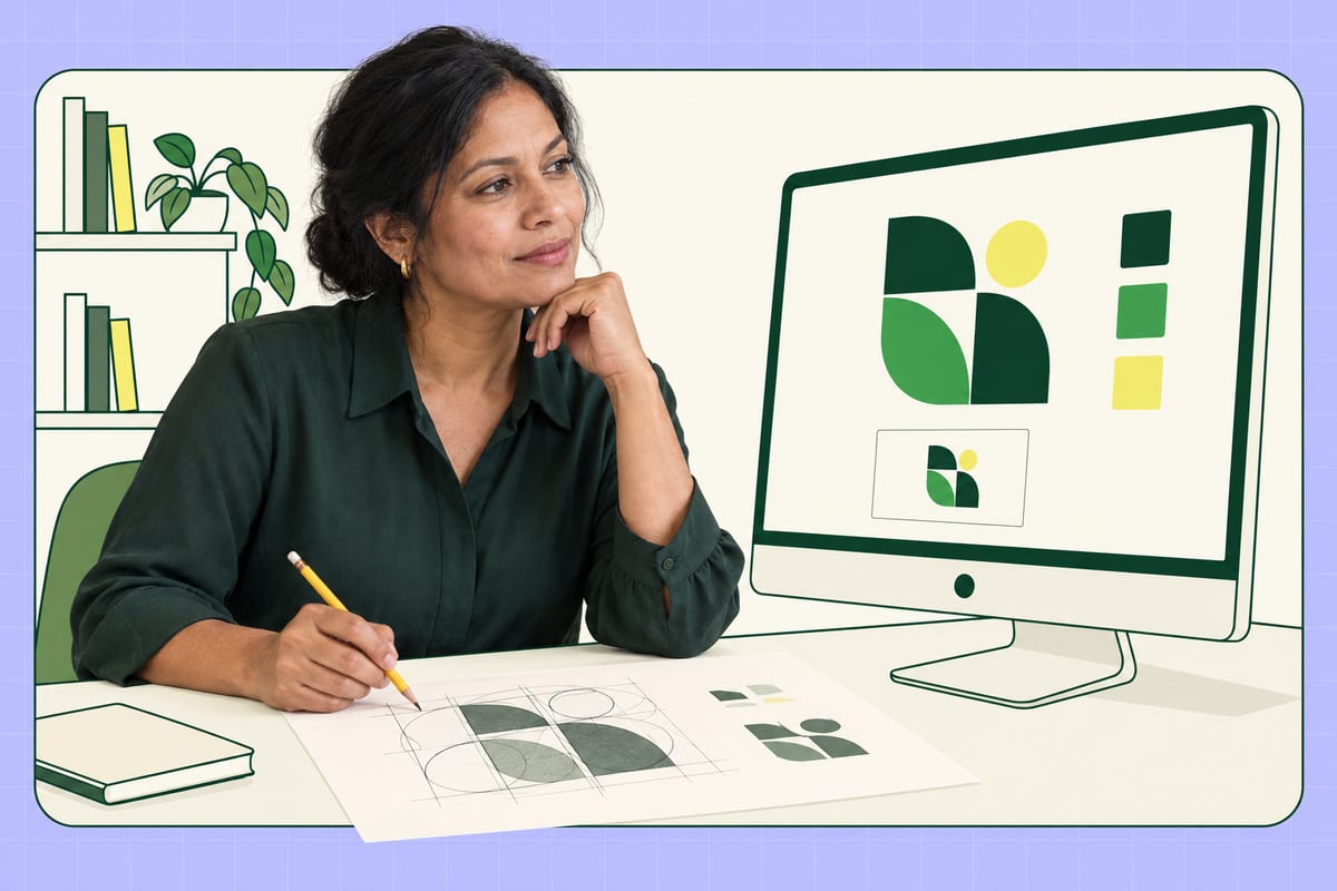 Une dirigeante examine un symbole graphique et ses déclinaisons sur un écran, dans un bureau illustré sur fond mauve.