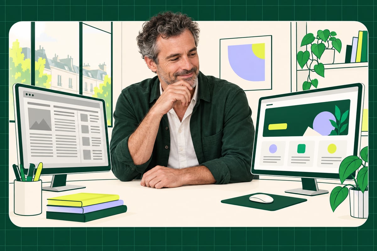 Un expert-comptable examine deux versions d’un site internet dans un bureau illustré, sur fond vert foncé quadrillé.