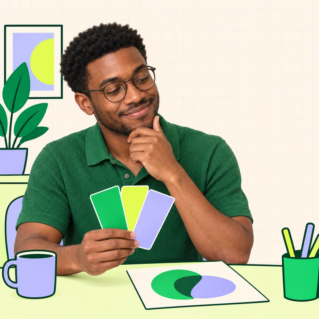 Illustration mêlant photo et dessin : un designer compose une identité visuelle avec des formes et des couleurs.
