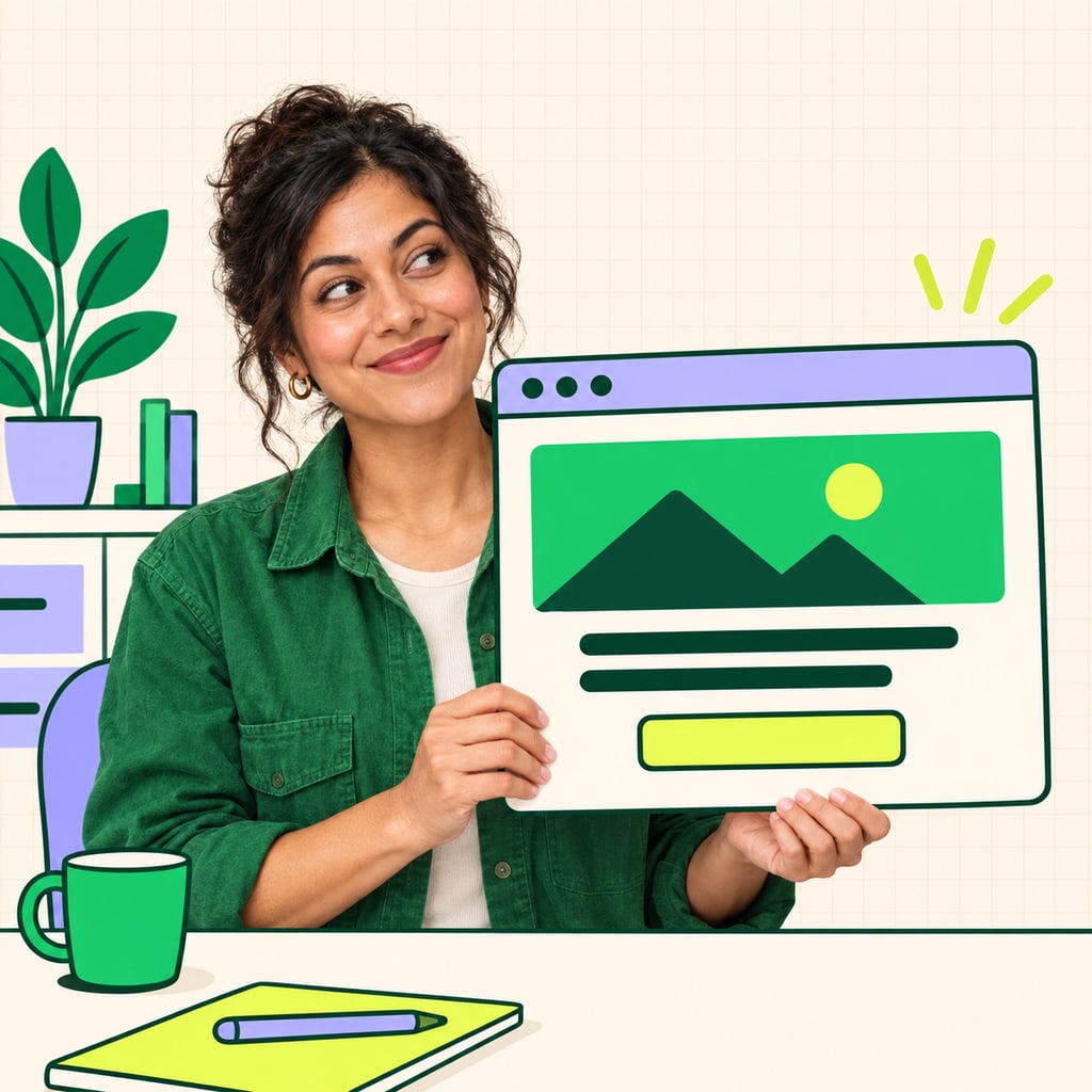 Illustration mêlant photo et dessin : une professionnelle présente une maquette de site internet.