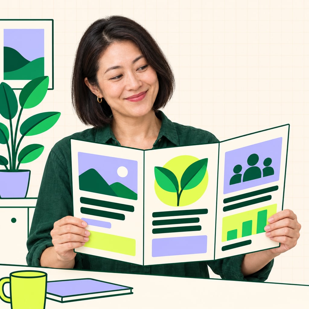 Illustration mêlant photo et dessin : une professionnelle présente une plaquette commerciale ouverte.