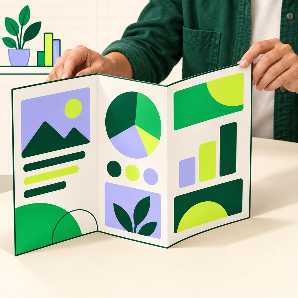 Illustration mêlant photo et dessin : une plaquette commerciale ouverte à trois volets est présentée au premier plan.
