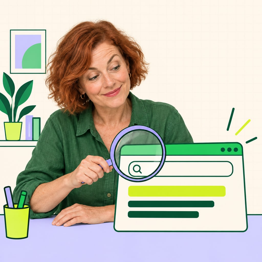 Illustration mêlant photo et dessin : une professionnelle examine un résultat de recherche à la loupe.
