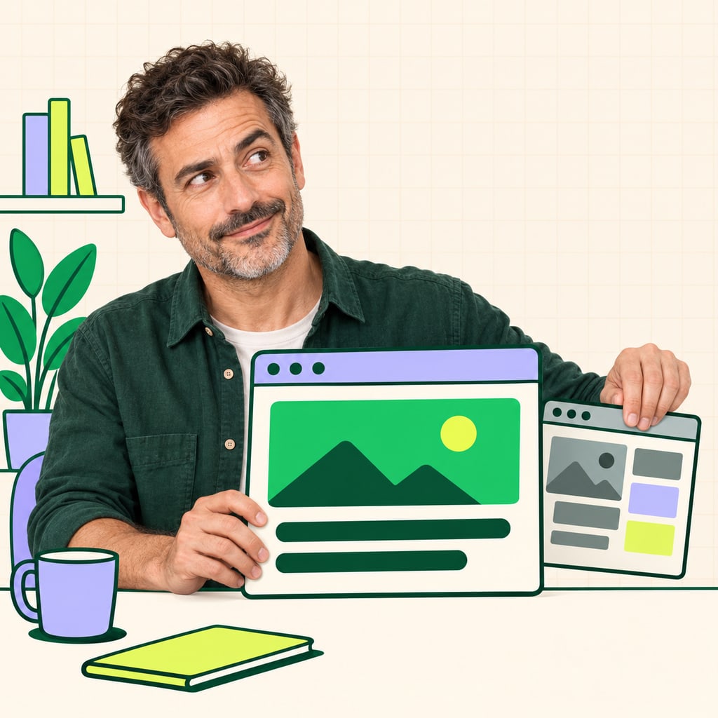 Illustration mêlant photo et dessin : un professionnel repense la présentation d’un site internet.